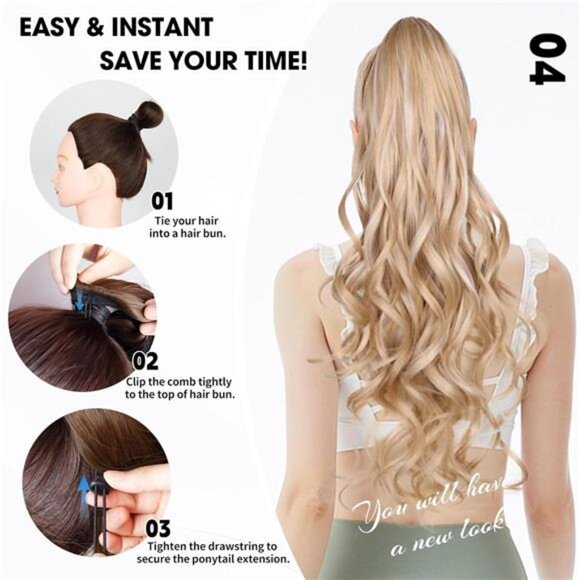 26 Inch Ponytail Extension for Women, Blonde with White Blonde - Picture 4 of 7